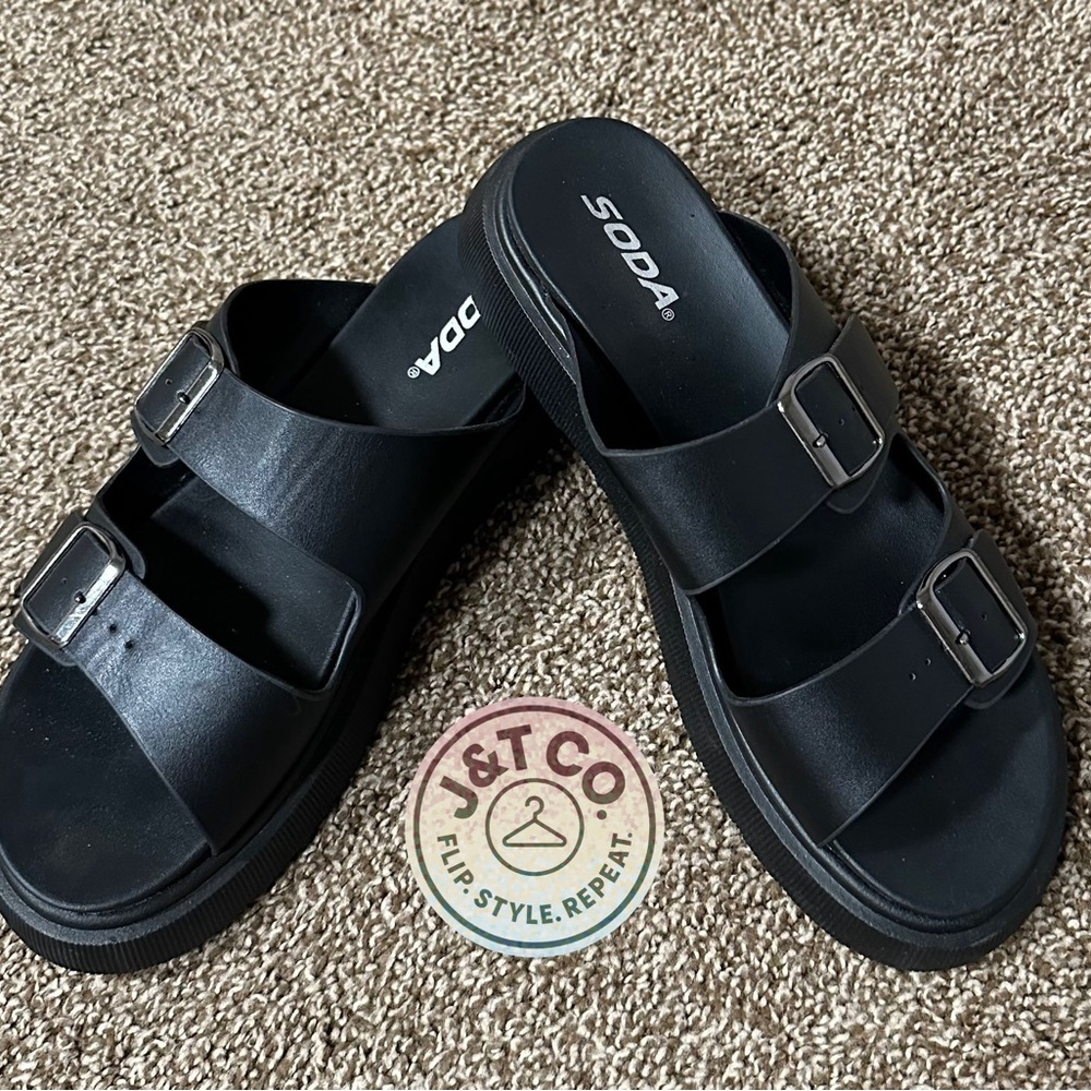 Soda Black Buckle Slides